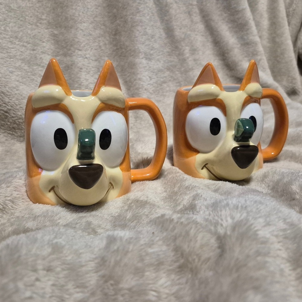 Bluey Bingo Sculpted Ceramic Mugs Set of 2 Orange 3D Character Coffee Cups New